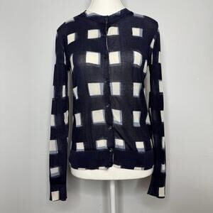 Tory Burch Women’s Small Geometric Print Button Cardigan Navy Blue White Preppy
